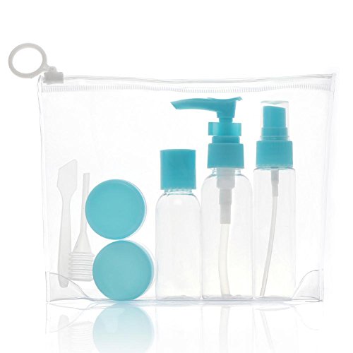 Preisvergleich Produktbild Reiseflasche Set Sprühflasche Auslaufsichere Tragbar mit Flugzeug Tasche Kulturtasche Handgepäck Dispenser Kleine Gießkanne Kosmetiktasche für Duschgel Conditioner Accesoires / Shampoo / Spülung / Cremes(7er-Blau)