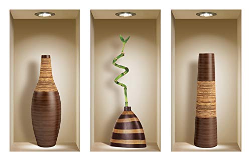 L'Nisha Art Magic vinyle 3D Autocollants mural amovible bricolage, Ensemble de 3, Vases bruns