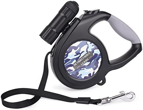 Retractable Dog Lead, Timocy 16 ft(5M) Extendable Dog/Pet Leads/Leash with 9 LED Detachable Flashlight for Small Medium Dog up to 70lbs, with Hand Grip One Button Brake & Lock and Hook (Black)