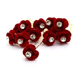 Rapidsflow Bridal Golden Juda Pins For Women/Hair Pin Red Flower With Crystal Rhinestone Juda Pins For Women Wedding Set Of 12 pc