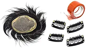 Fully Real Human Hair Patch Hair Wig Hair Toupee for Men and Boys (Black/ Dark Brown) (Normal Monofilament Toupee, 10X8)