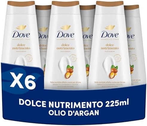 Dove Bagnoschiuma Dolce Nutrimento, Bagnodoccia Idratante, Formula Delicata sul Microbioma della Pelle, con Agenti Idratanti Vegetali, Senza Solfati SLES, Bagnodoccia Uomo e Donna, 6 Pezzi da 225 ml