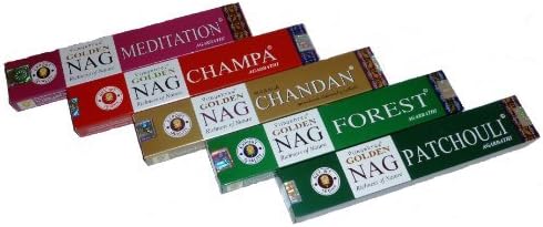 Variety Selection Pack of 4 Boxes of Golden Nag - Choose from CHAMPA, PATCHOULI, CHANDAN, FOREST, and MEDITATION Incense Sticks - In Stock and Supplied by Busy Bits