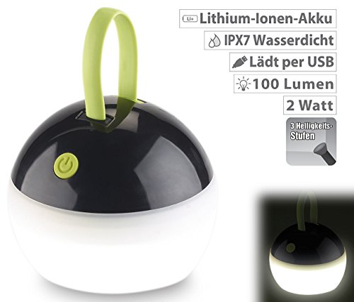 Lunartec LED-Akku-Zeltleuchte, 3 Helligkeitsstufen, 100 lm, 2 Watt, IPX7, USB - 2