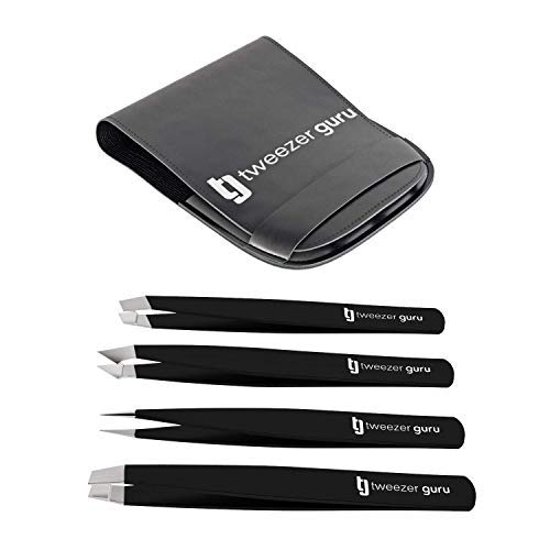 Pinzas de Depilar Profesionales Tweezer Guru Para Cejas (Set de 4) - Pinza Punta Acero Inoxidable - Gran Precisión para Pelos Faciales, Pelos Encarnados, Espinillas y Astillas (Negro)