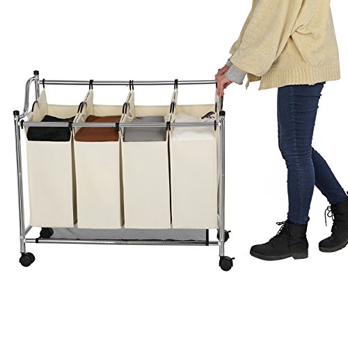 Songmics Wäschesortierer Wäschekorb Wäschewagen mit 4 × fächer beige LSF005S - 4