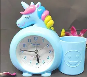 Ang Unicorn Style Alarm Table Clock with Pen Pencil Stand for Kids Room /Boys / Girls Birthday Return Gifts (Blue)