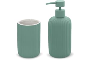Inbagno Set Accessori Bagno 2 Pezzi in Ceramica Verde cannettato, Dispenser Sapone e portaspazzolini Soft Touch, Spring