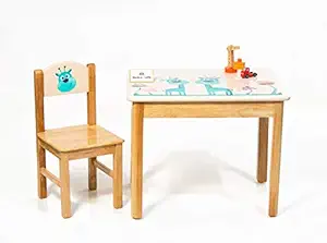 Modern Kraftz Giraffe and Colorful Mushrooms Themed Wooden Single Seater Kids Table Chair Set for Kids Study Room - Light Brown