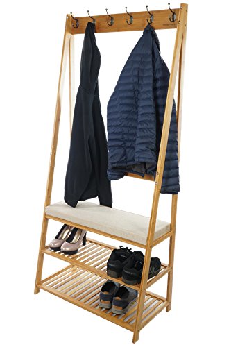 Kidzmotion - Bramley Power - Supporto in legno di bambù per cappotto, cappello e scarpe, con ganci appendiabiti, 2 piani porta scarpe e seduta