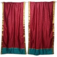 Mogul Interior Maroon Sari Curtains Rod Pockets Window Treatment Pair Gold Drapes 96x44