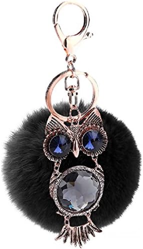 Aokbi 2017 New Hot Solid Color Artificial Fur Owl Pendent Ball Keychain Handbag Car Key Ring (Black)
