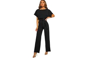 Haibang Womens Jumpsuits Elegant Dressy Short Sleeve Jumpsuits Crew Neck Belted Wide Leg Pant Romper Casual Long Playsuit One Piece Summer Outfits with Pockets