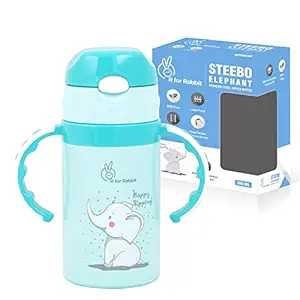 R For Rabbit Steebo Elephant Stainless Steel Baby Sipper Bottle for Kids age 3 months to 18 months, Twin Handle Sipper Bottle with Silicon Straw Anti Slip Drinking Sippy Cup for Baby Boy and Girl -Blue(300ml)