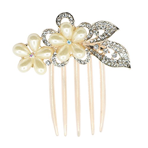 Women's Bridal Wedding Flower Diamante Crystal Rhinestones Pearls Hair Clip Comb (#4)