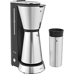 WMF Cuisine Minis Aroma Cafetière Filtre (avec verseuse isotherme (750 ml) et to Go Gobelet isotherme (350 ml), Minuteur 24 heures, design compact, Peu encombrant, Cromargan),Argent