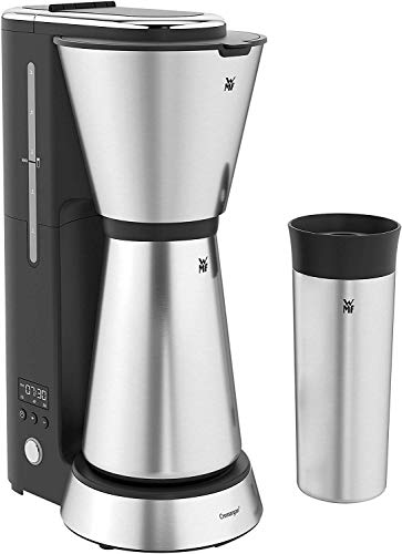 WMF Cuisine Minis Aroma Cafetière Filtre (avec verseuse isotherme (750 ml) et to Go Gobelet isotherme (350 ml), Minuteur 24 heures, design compact, Peu encombrant, Cromargan),Argent