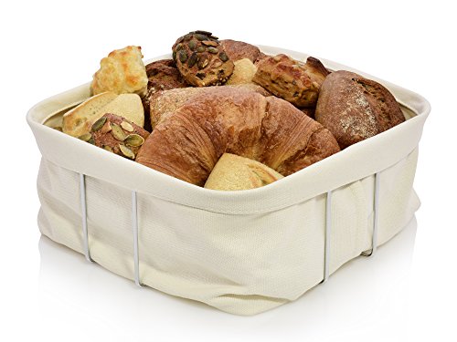 Sänger Brotkorb aus Edelstahl mit Baumwolltasche | 25x25x10 cm | Stilvolles Servieren und Aufbewahren Ihrer Brote und Brötchen dank sytilscher Materialkombination