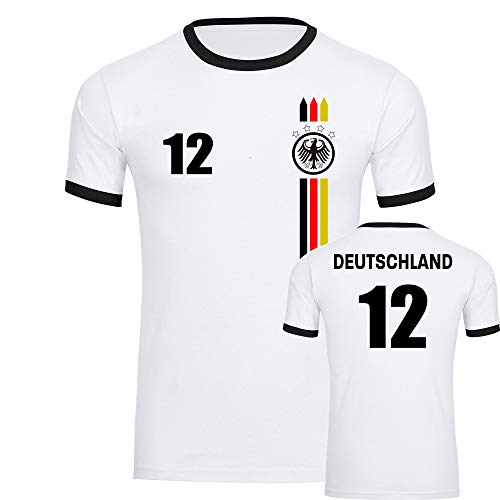 T-Shirt Deutschland Adler Trikot bunte Streifen mit Nr. 12 Herren weiß / schwarz Gr. S – 3XL – Fanshirt Fanartikel Fanshop Fußball Weltmeisterschaft Europameisterschaft WM EM Nationalmannschaft Germany, Größe:XL
