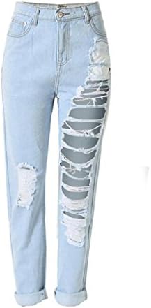 Women'S Jeans High Waist Denim Loose Straight Trouser Knee Holes Worn Casual Pants , Light Blue , 42