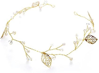 Juily Handmade Vintage Gold Metal Bridal Flower Leaf Headdress Pearl Beads Headpieces Wedding Hair Accessory
