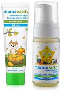 Mamaearth Natural Toothpaste, Orange Flavour, Sls Free, With 750 Ppm Fluoride, 4+ Years, Plant Based&Mamaearth Foaming Baby Face Wash For Kids With Aloe Vera And Coconut Based Cleansers, 120 Ml