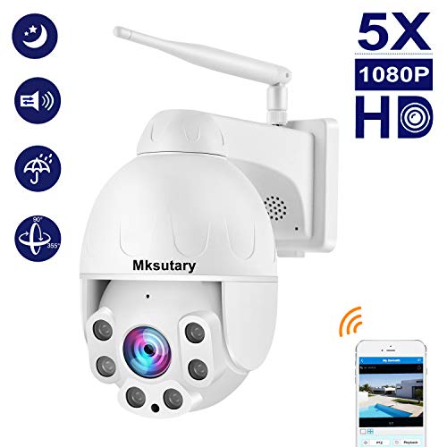 Cámara IP Exterior, Camara IP WiFi 1080p, Cámara PTZ Vigilancia Exterior WiFi Motorizada P/T 5 X Zoom Visión Nocturna 20M Detección de Movimiento Monitorización Remota vía PC/Smartphone/Tableta