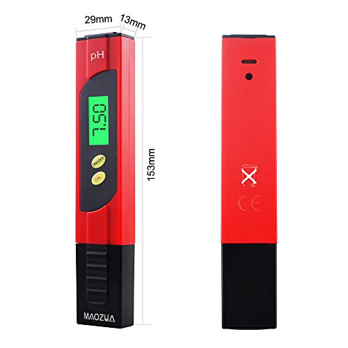 MAOZUA Automatische Kalibrierung PH-Meter ATC-Funktion Wasserqualität Tester mit beleuchtetem LCD-Display 6 Set PH Puffer Pulver, ± 0.01pH Hohe Genauigkeit, 0.00-14.00 Messbereich und 0.01 Auflösung Maß für Haushalt Trinkwasser Hydroponic Aquarium Spa Pool (RED) - 2