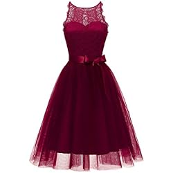 OverDose mujer De La Vendimia Princesa Bow CóCtel De Encaje Floral O-Cuello Fiesta Formal Una LíNea Swing Dress Novia Vestidos De Dama De Honor