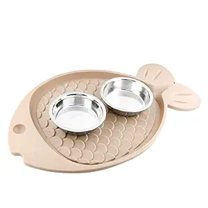 Animax?Fish Shape Tray Anti Skid with Stainless Steel Bowl (Specially for Cat) - Beige-250 ml