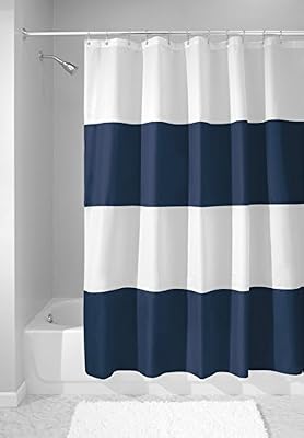 mDesign rideau de douche avec motif à rayures – rideau baignoire avec taille idéale 183 cm x 183 cm – rideau salle de bain durable – Couleur : bleu navy / blanc