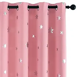 Anjee Pink Blackout Curtains for Girls Room, Foil Print Star Room Darkening, Thick Grommet Window Drapes for Christmas and Thanksgiving, W52 X L63, 2 Panels 2 Tiebacks, Baby Pink