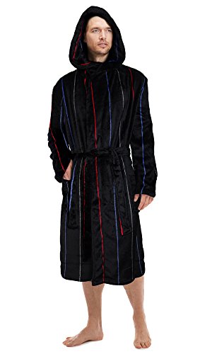 albornoz para hombre, cálido, de invierno, muy suave, de forro polar negro Black / Red / Blue Stripe (Hooded) S/M