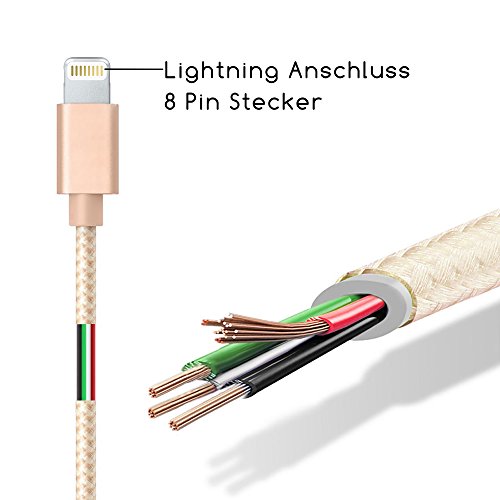 TheSmartGuard – Lightning Kabel / Datenkabel / Ladekabel [2.1 A] für Apple iPhone 7, 7 Plus, 6, 6s, 6 Plus, 6s Plus, SE, 5s, 5, 5C sowie alle iPad mit Lightning Anschluss | Nylon Ummantelt | Farbe: Gold | Länge: 20 cm / 0,2 Meter - 2