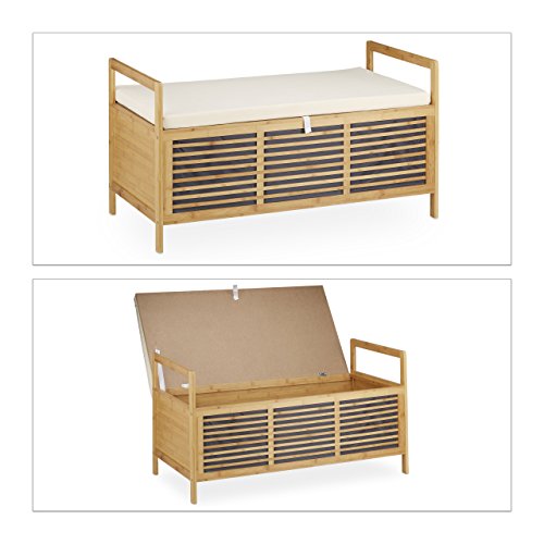 Relaxdays Bambus Sitzbank mit Stauraum L HxBxT 46x93x50 cm Sitzhocker in Naturoptik mit Sitzkissen als praktische Fußablage und Aufbewahrungsbox mit Klappe zum Öffnen für Bad und Wohnräume, natur - 3
