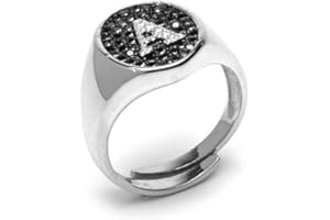 Remo Gammella Anello Chevalier Donna Uomo Anello da MIGNOLO Tondo Argento 925 ZIRCONI Neri Anello Lettera ZIRCONI Misura Regolabile