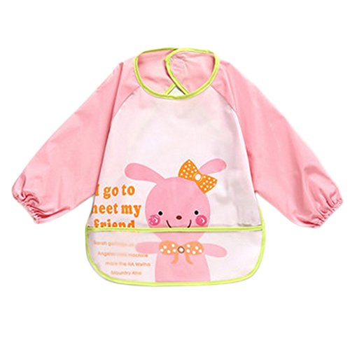 Lovely Pink Rabbit Waterproof Baby Feeding Clothes Long-sleeved Baby Bibs