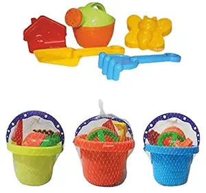 Fun again Beach Toy Set for Kids with Bucket, 2 Sand Modul, 2 Tools & 1 Gardening Water Can / Sand Garden Made in India Pretend Role Play Set Children Learn Play Fun Toddler Kids Set Gift Pack of 1