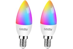 EXTRASTAR Bombilla Alexa LED Intelligente C37, E27, 4.9W, 470lm, Bombilla RGB WIFI LED, Regulable Multicolor + Luz Cálida o Blanca, 16 Millones de Colores, Funciona con Alexa y Google Home, 2 Pcs