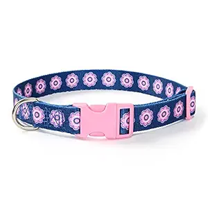 Mile High Life | Geometric Plaid Wave Line Pattern | Soft Poly Cotton Fabric | Black Buckle Dog Collar with D Ring| We Donate to Dog Rescues(Pink Flower, Medium)