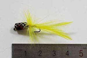 Tigofly 12 Pcs Yellow/Red Hackle Body Tail Foam Head Popper Bass Fly Fishing Flies Lures- Size #6