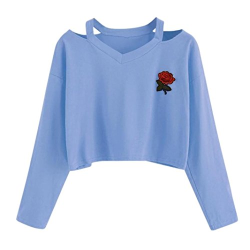 Sweat-Shirt Courte Femme,Covermason Femmes Casual Manches Longues O Neck T-Shirt Imprimé Rose Fille Pull Sweat Tops Blouse (S, Bleu)