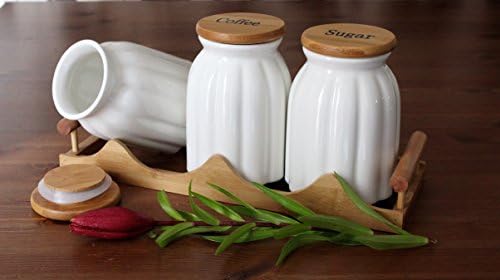 New Cream Set Of 3 Tea Coffee Sugar Jars New Ribbed Style Ceramic Canisters bamboo Lids With Bamboo Tray