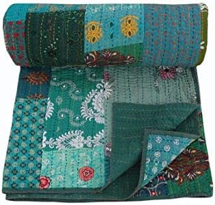 NANDNANDINI TEXTILE Indian Twin Size Handmade Kantha Quilt Vintage Antique Cotton Single Bedsprread Hand Embroidered Patchwork Bedsheet Bedding Set Gypsy Sofa Couch Bed Throw Blanket
