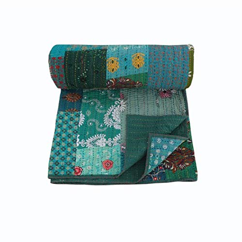 NANDNANDINI TEXTILE Indian Twin Size Handmade Kantha Quilt Vintage Antique Cotton Single Bedsprread Hand Embroidered Patchwork Bedsheet Bedding Set Gypsy Sofa Couch Bed Throw Blanket