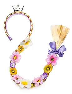 Long Hair Princess Hairpiece Long Cosplay Braided Wigs for Girls Princess Dress Up Accessories (Rapunzel Flowers Headband)