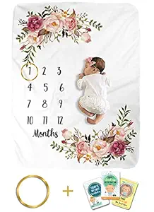 Baby Monthly Milestone Blanket | Includes Wooden Wreath and Pacifier Clip | 1 to 12 Months | Best Photography Backdrop Prop for Newborn Boy & Girl (Floral)