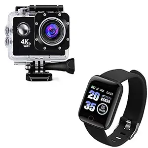 Infinizy Action Camera 4K WiFi Cam 16MP Sports Cam 30M Waterproof Underwater with D116 Touchscreen Smart Watch Bluetooth Smartwatch