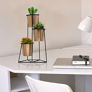 ecofynd Tripo 1.5 ft Table Top Plant Stand Set - 3-Piece Modern Round Planter with Metal Stand {Without Plants} | Stand: Black and Pot: Copper
