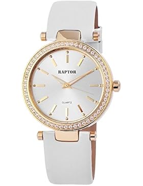 Raptor Ameliá Analog Damen Armbanduhr, Lederarmband in weiß, Ø 38 mm, Gehäuse in gold, Zifferblatt in silber,...